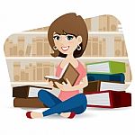 Cartoon Cute Girl Reading Book In Library Stock Photo