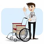 Cartoon Doctor With Wheelchair Stock Photo