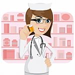 Cartoon Girl Pharmacist Showing Medicine Bottle Stock Photo