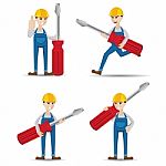 Cartoon Set Of Mechanic With Screwdriver Stock Photo