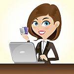 Cartoon Smart Girl With Credit Cards And Laptop Stock Photo