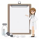 Cartoon Smart Pharmacist Presentation With Blank Clip Board Stock Photo