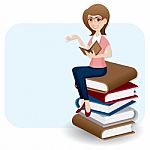 Cartoon Woman Reading Book On Stack Of Book Stock Photo