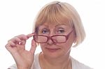 Caucasian Woman Take Off Her Glasses Stock Photo