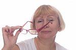 Caucasian Woman Take Off Her Glasses Isolated Stock Photo