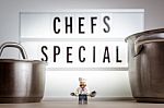 Cheerful Miniature Chef. Chef's Special Concept Stock Photo