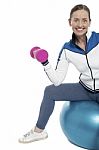 Cheerful Woman Seated On Pilates Ball And Exercising Stock Photo