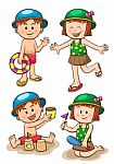 Children Sea Vacation. Girls And Boys Playing On The Beach Stock Photo