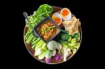 Chili Paste Mixed With Crabmeat , Vegetable , Fried Snake Skin Gourami  And   Boiled Egg  , Crab's Spawn Chili Sauce Stock Photo