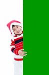 Christmas Asian Boy With Empty Banner Stock Photo