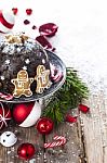Christmas Pudding With Gingerbreads Stock Photo