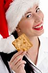 Christmas Woman Holding Biscuit Stock Photo