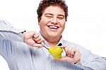 Chubby Boy And Pear Stock Photo