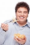 Chubby Man With French Fries Stock Photo