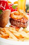 Classic Hamburger Sandwich And Fries Stock Photo