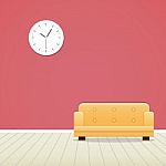 Clock On Red Wall And Yellow Sofa Minimal Stock Photo
