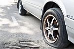 Close Up Flat Tire Stock Photo