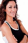 Close Up Portrait Of Happy Fitness Woman Stock Photo