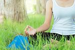 Close Up Woman Was Meditation Yoga In Park Stock Photo