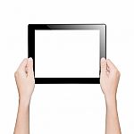 Closeup Hand Holding Tablet Isolated White Clipping Path Inside Stock Photo