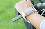Closeup Hand Wear Smart Watch Riding Bicycle Exercise Sport Stock Photo