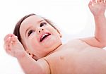 Closeup Of  Happy Baby With Hands Up Stock Photo