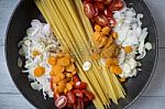 Closeup Spaghetti With Vegetable In The Pan Stock Photo