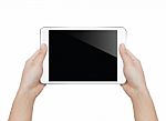Closeup Woman Hand Holding White Tablet Isolated Clipping Patch Stock Photo