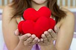 Closeup Women Happiness With Many Heart Shape In Hands Stock Photo