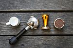 Coffee Equipment On Dark Wood Background Stock Photo