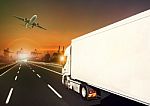 Container Truck And Cargo Plane And Logistic Industry Background Stock Photo