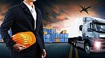 Container Truck ,ship In Port And Freight Cargo Plane In Transport And Import-export Commercial Logistic ,shipping Business Industry Stock Photo