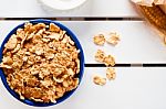 Cornflakes In A Blue Bowl Stock Photo