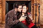 Couple In Love Enjoying Wine Stock Photo