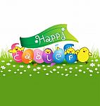 Cute Baby Chicken And Colorful Eggs For Easter Day Card Stock Photo