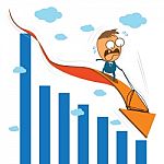 Cute Character Businessman Fearfully Riding On Rising Arrow Drop Stock Photo