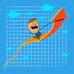 Cute Character Happy Businessman Riding On Rising Arrow Stock Photo