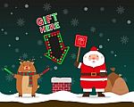 Cute Fat Big Santa Claus And Reindeer Signal To Send Gift To Chi Stock Photo