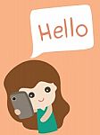 Cute Girl Saying Hello, Cartoon Illustration Stock Photo