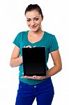 Cute Model Showing Newly Launched Tablet Pc Stock Photo