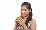 Cute Woman Drink Juice Stock Photo