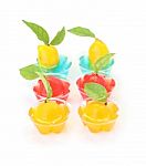 Deletable Imitation Fruits In Jelly Cup On White Floor Stock Photo