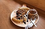 Delicious Sweet Dessert : Homemade Waffle With Chocolate Sauce , Stock Photo