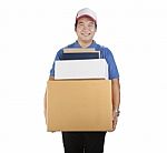 Delivery Man Carrying Container Box Toothy Smiling Face Isolated White Background Stock Photo