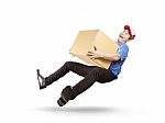 Delivery Man Holding Cardbox With Happiness Service Mind Islated White Background Stock Photo