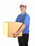 Delivery Man Toothy Smiling Face And Holding Paper Box Container Isolated White Background Stock Photo