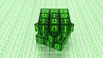 Digital Binary Magic Cube Box In Green Glass Stock Photo