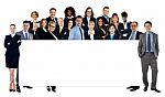 Diverse Business People Holding A Banner Stock Photo