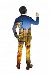 Double Exposure Of City And Businessman, Business Success Concept Stock Photo
