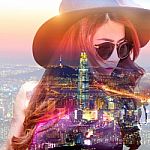 Double Exposure,beautiful Girl And Cityscape Stock Photo